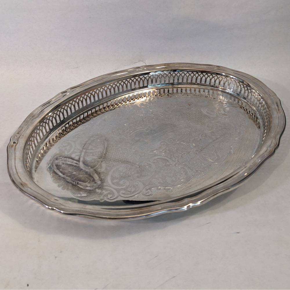 Vtg Oneida Silver Plated Oval Serving Tray Etched Floral Pierced Gallery Rim 15"